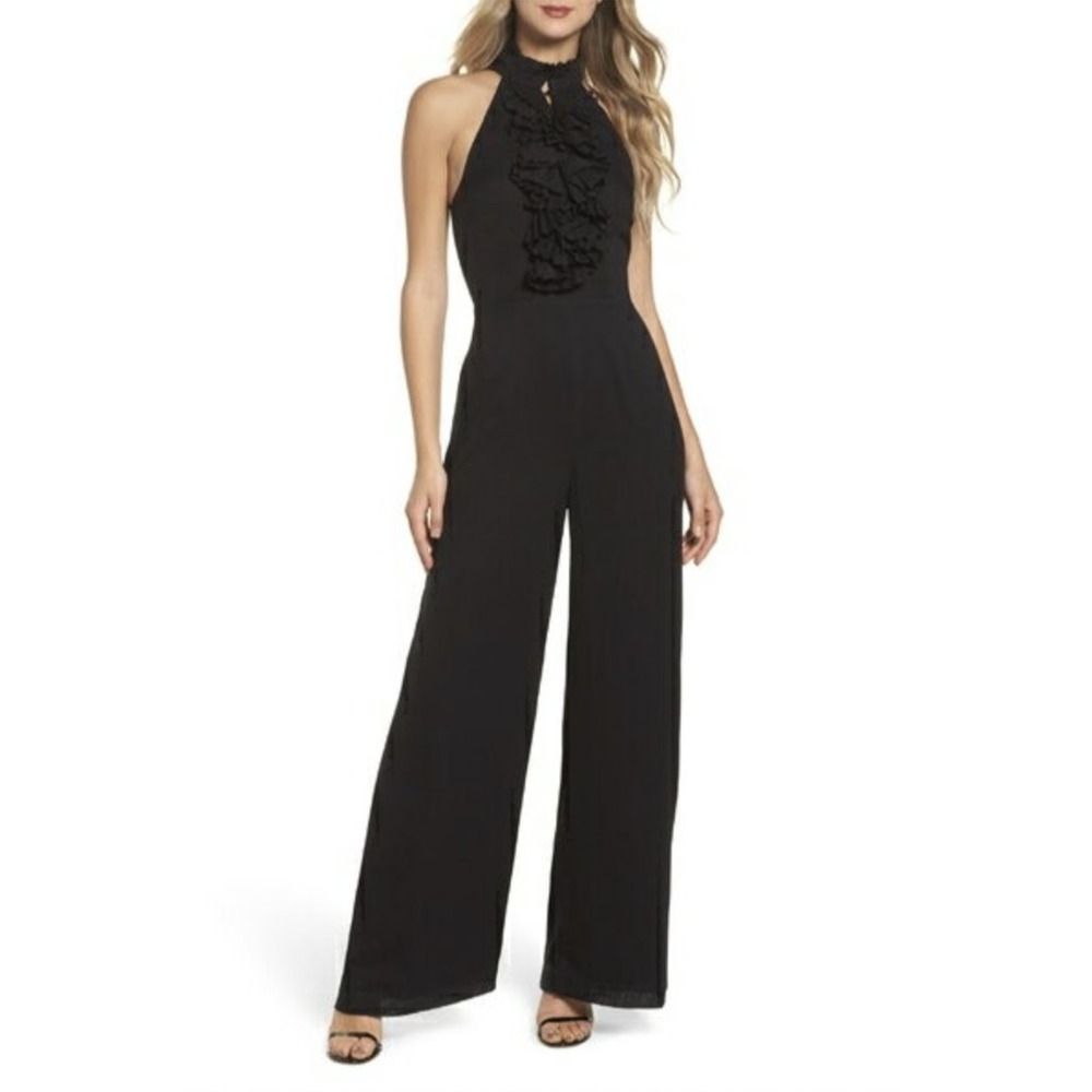 C/MEO Collective Women Black Jumpsuit S Keyhole Neck Ruffle Wide Leg Long Inseam